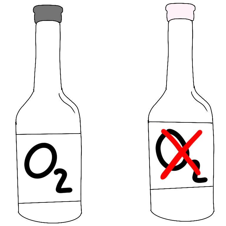 Two blood culture bottle have wider, rounded base that taper slightly toward the top, forming a narrow cylindrical neck. On the bottles are labels the bottle on the left is labeled as O two the symbol for oxygen the bottle on the right has the same symbol for oxygen on it with a large red X over it